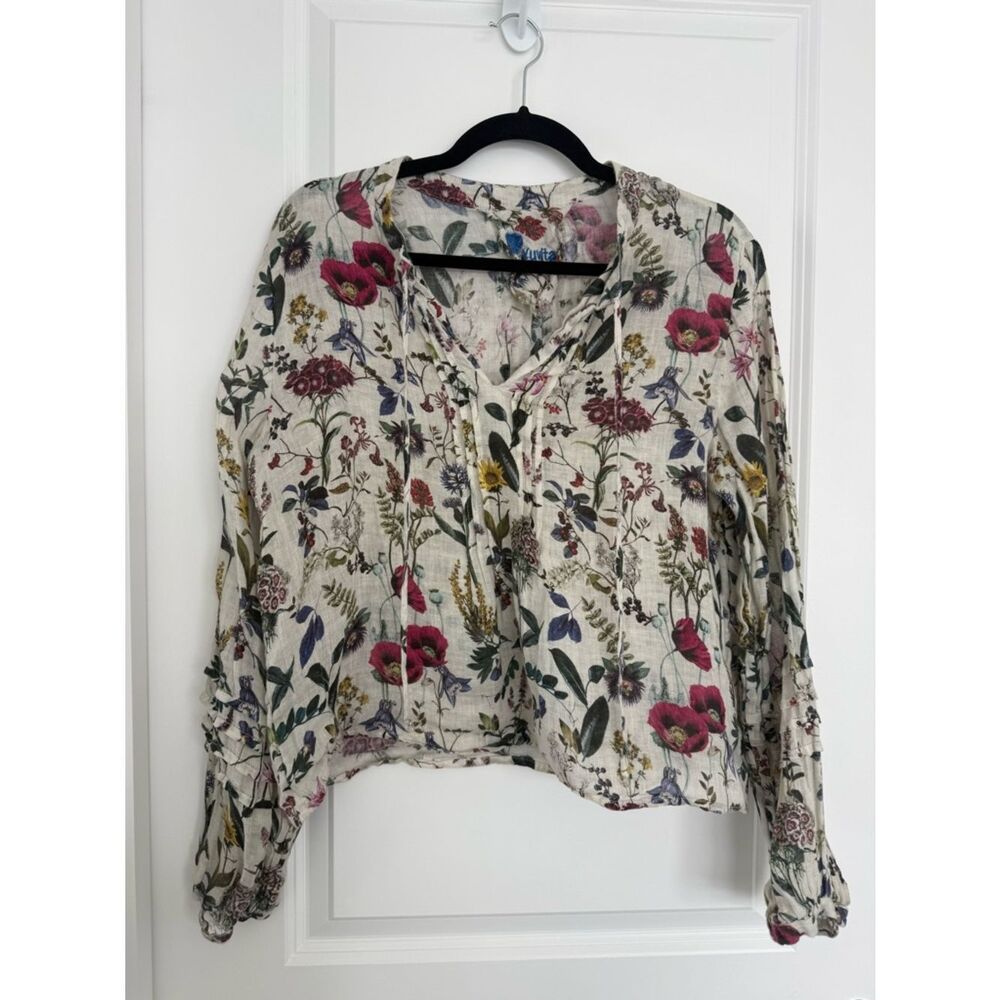 YUVITA |Floral V-Neck 100% linen Blouse -size small